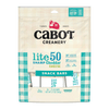 A beige and blue package of Cabot Creamery Lite50 Sharp Cheddar Cheese Snacks features 50% less fat, 33% fewer calories, and 6g protein per bar. Each healthy pack contains 36 individually wrapped bars.