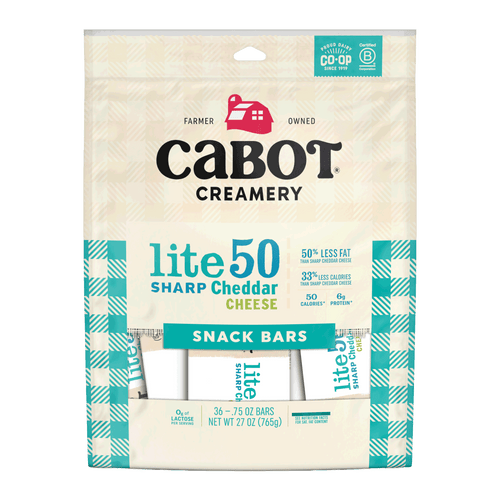 A beige and blue package of Cabot Creamery Lite50 Sharp Cheddar Cheese Snacks features 50% less fat, 33% fewer calories, and 6g protein per bar. Each healthy pack contains 36 individually wrapped bars.