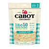 Cabot Creamery Lite50 Sharp Cheddar Cheese, 8 oz, is a lactose free, shredded cheddar in a cream and teal plaid bag with nutrition highlights and a clear window to see the cheese inside.