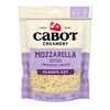 An 8-ounce bag of Cabot Creamery Mozzarella Part-Skim Cheese features classic cut shreds in a white and purple package. The product is labeled gluten free and contains 2 cups of cheese.