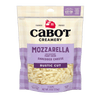 An 8 oz lavender and cream-colored bag of Cabot Creamery Mozzarella Cheese features product details and a clear bottom window showing the shredded cheese inside.