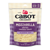 A package of Cabot Creamerys Mozzarella Whole Milk Cheese features a purple and cream plaid design. Labeled Low-Moisture Whole Milk Shredded Cheese with Classic Cut, it weighs 8 oz (226g), is gluten-free, B Corp certified, and ideal for pizza.