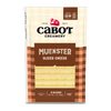 Cabot Creamery Muenster Cheese comes in a re-sealable package with a cream and brown plaid design. Featuring Farmer Owned and Co-op labels, it includes 9 gluten-free slices perfect for deli sandwiches, weighing 7 oz.