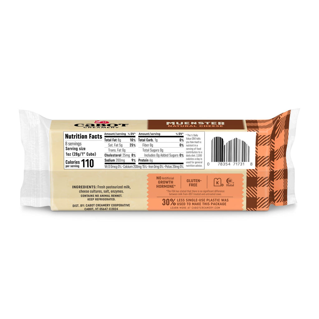 Back of Cabot Creamery Muenster Cheese shows nutrition facts, ingredients, barcode, recycling info, and an orange-brown plaid design. The label states this creamy cheese is gluten-free and free from artificial growth hormones.