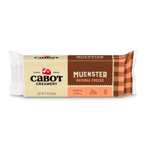 Cabot Creamery Muenster Cheese, 8 oz, comes in a tan and orange package with brand logo and details—enjoy this creamy, lactose free cheese in your favorite recipes.