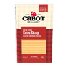 A package of Cabot Creamery New York Extra Sharp Yellow Cheddar Cheese, with a red and cream plaid design, contains 9 slices and highlights that it's farmer-owned and made with naturally aged cheddar.