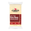 A 2-pound block of Cabot Creamery New York Extra Sharp Cheddar Cheese, aged and lactose free, comes in clear packaging with a beige and red label displaying the brand, cheese type, and product details.