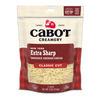 An 8 oz bag of Cabot Creamery New York Extra Sharp Cheddar Cheese features classic cut shreds. The red and tan package shows the cheese, marked “farmer owned,” “2 cups,” and “lactose free.”.