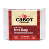 Cabot Creamerys New York Extra Sharp Cheddar Cheese Slices come in a package with a red label and white text, emphasizing that these naturally aged slices are lactose-free. Each 8 oz package contains 10 slices with 0g lactose per serving.