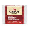 Cabot Creamery New York Extra Sharp Cheddar Cheese, pre-sliced, 10 slices (8 oz/226g), in red and white packaging; premium naturally aged and lactose free with 0g lactose per serving.