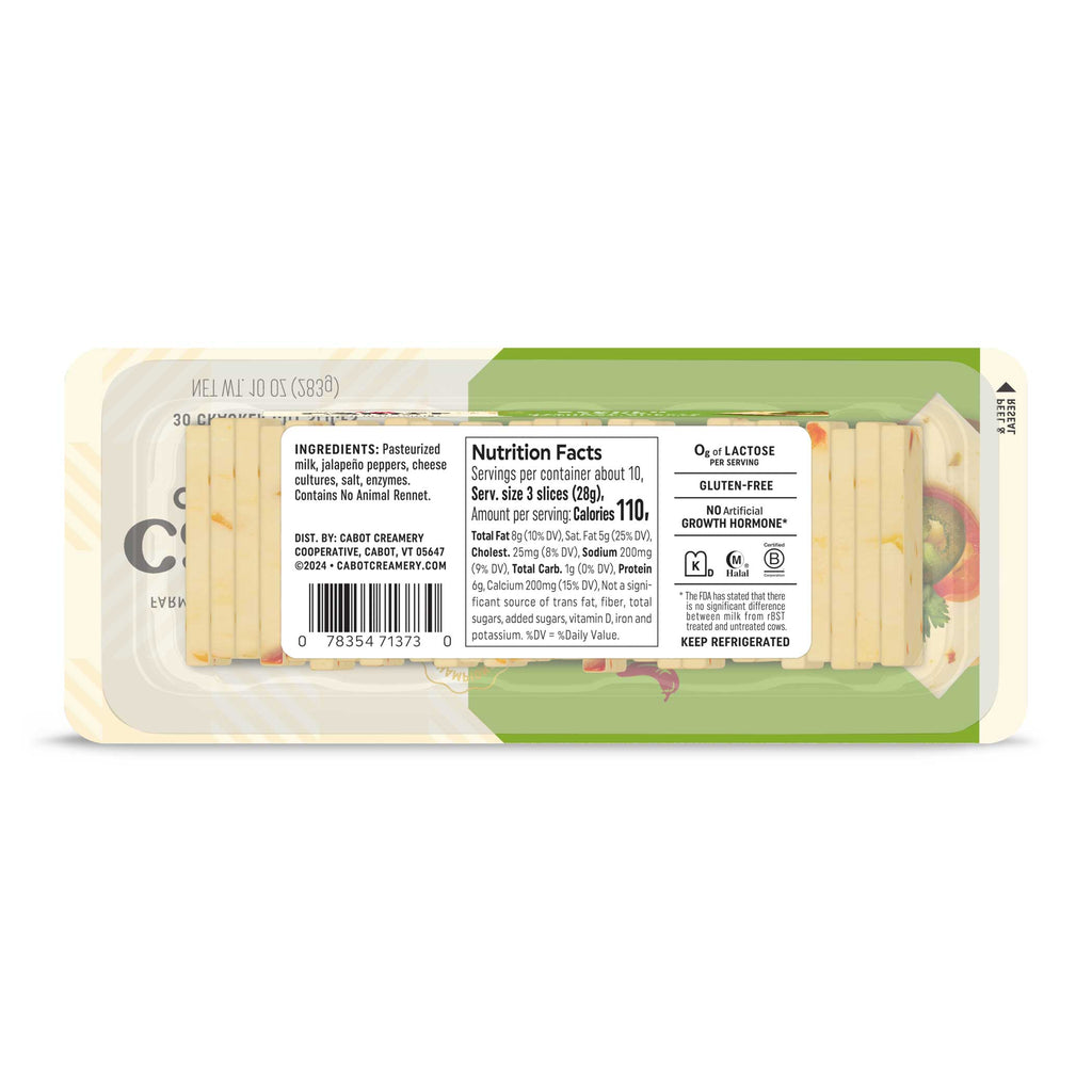 Back of a Cabot Creamery Pepper Jack Cheese package showing ingredients, nutrition facts, and dietary info like lactose-free and gluten-free. Individually wrapped jalapeño cheese sticks are visible inside.