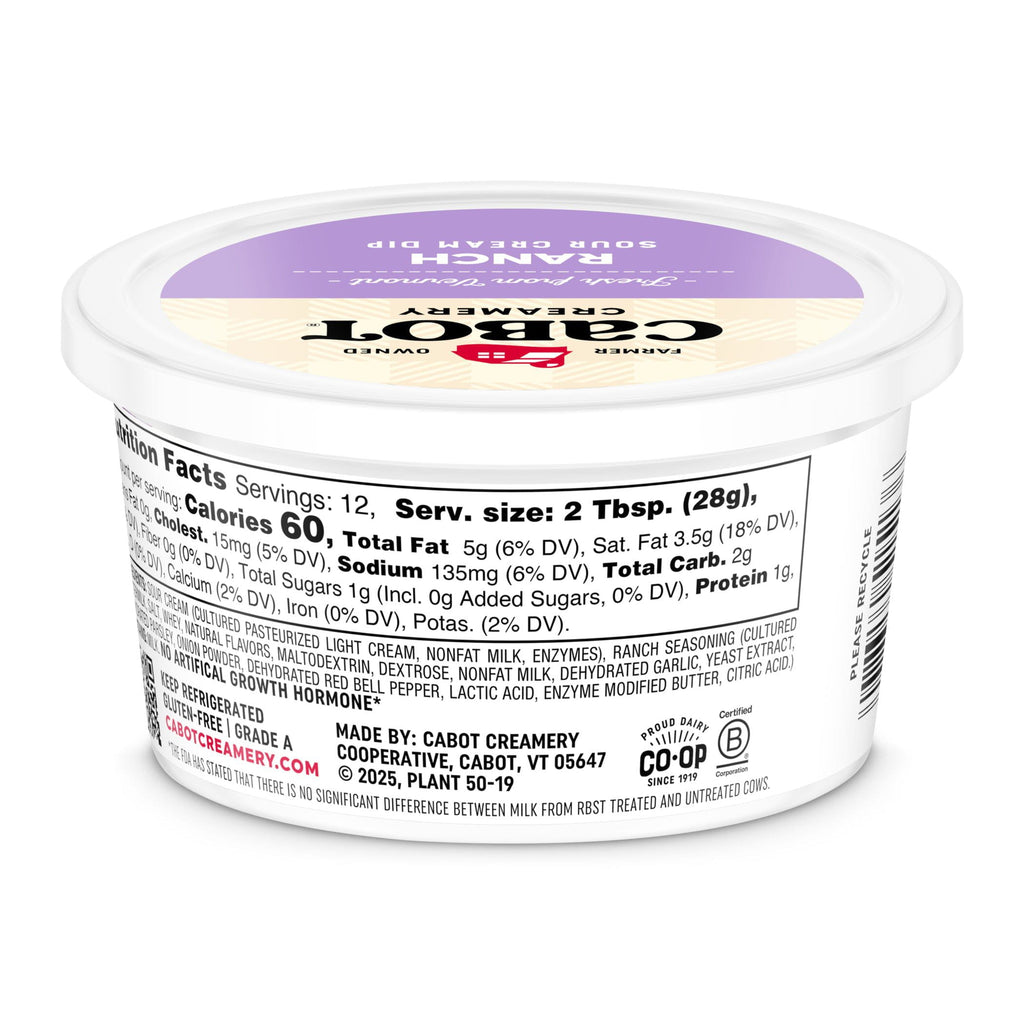 A container of Cabot Creamery Ranch Dip with a front label and nutrition facts. The white tub features black and red text, plus a side nutrition label, showcasing this flavorful sour cream dip.