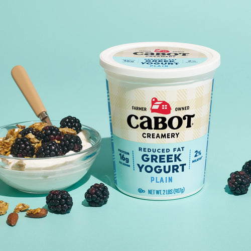 A container of Cabot Creamery Reduced Fat Plain Greek Yogurt is placed beside a bowl filled with protein-rich yogurt, garnished with blackberries and granola. A spoon rests in the bowl, while extra blackberries and granola are scattered across the blue surface.
