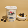 A container of Cabot Creamery Reduced Fat Vanilla Bean Greek Yogurt sits beside a small bowl filled with yogurt, blackberries, and granola on a beige background, with scattered blackberries and granola nearby.