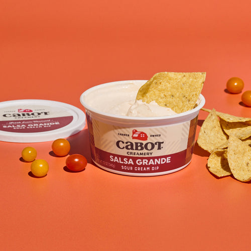 The Cabot Creamery Salsa Grande Dip, complete with a tortilla chip on top, is the perfect Southwest snack. Cherry tomatoes and tortilla chips scattered around it enhance this vibrant nacho scene against an orange backdrop.