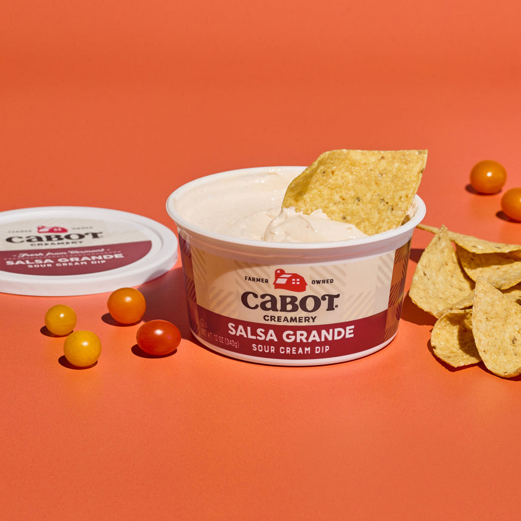 The Cabot Creamery Salsa Grande Dip, complete with a tortilla chip on top, is the perfect Southwest snack. Cherry tomatoes and tortilla chips scattered around it enhance this vibrant nacho scene against an orange backdrop.