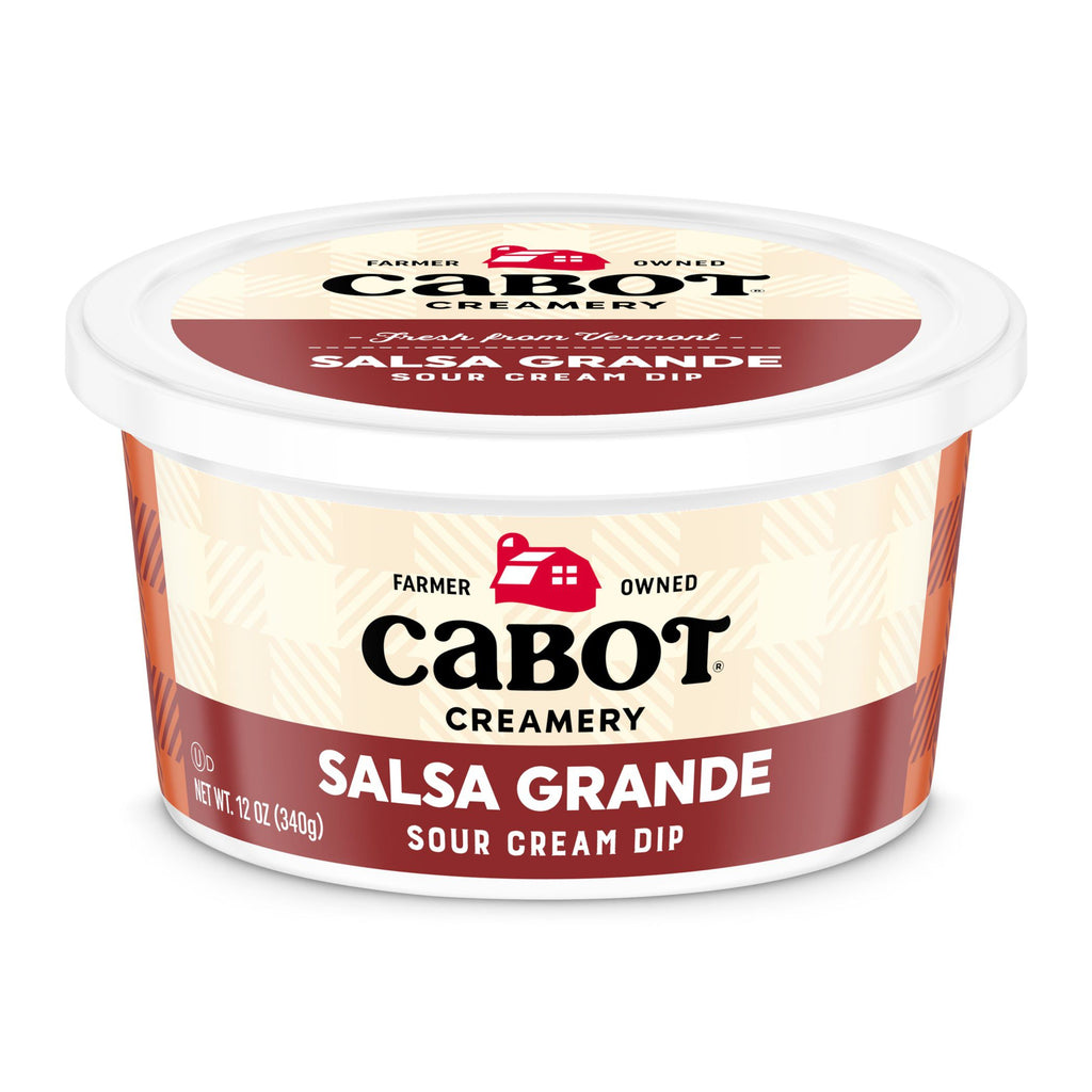 A 12 oz (340 g) container of Cabot Creamery Salsa Grande Dip with a white lid and red, beige, and white label—perfect for snacking or enjoying with nachos.