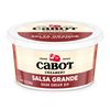 A 12-ounce container of Cabot Creamery Salsa Grande Dip adds Southwest flavor to your party platter. The label features the Cabot logo and product details on a white background with beige, red, and white accents.