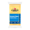 A 2-pound block of Cabot Creamery Seriously Sharp Yellow Cheddar Cheese with award-winning flavor, naturally aged, gluten-free, and containing 0g lactose per serving in yellow packaging with a blue label.