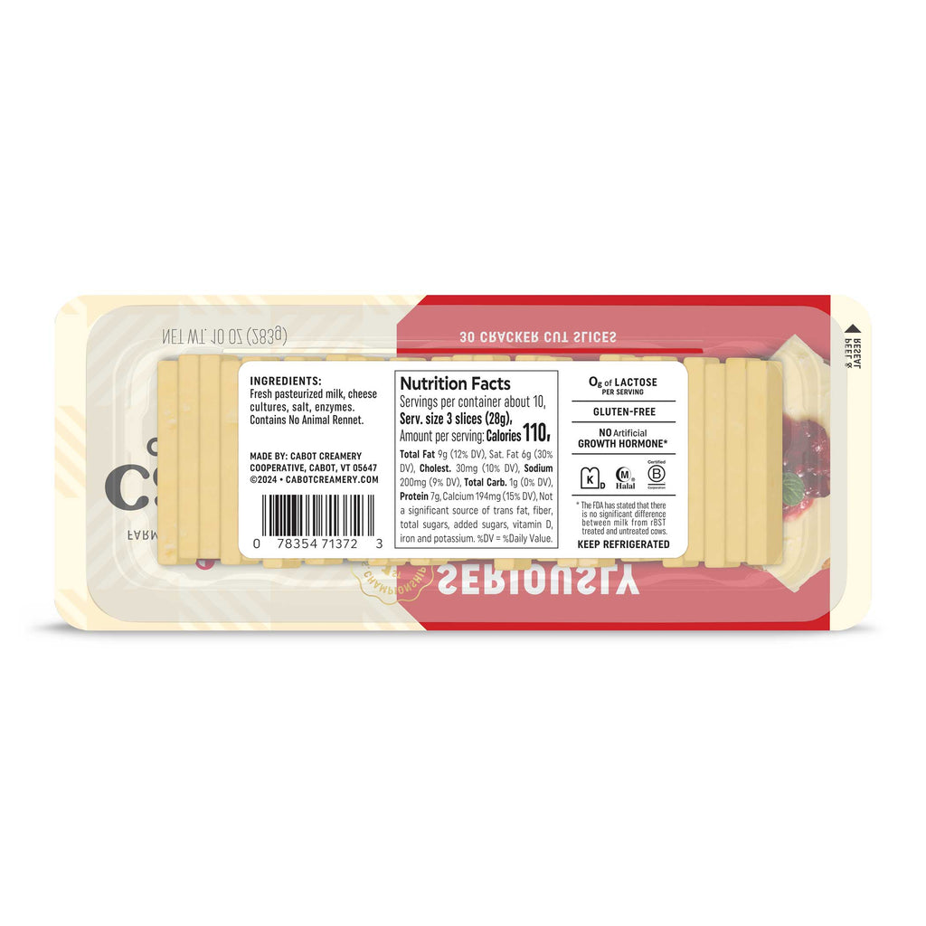 A package of Cabot Creamery Seriously Sharp Cheddar Cheese features pale yellow slices, with a red and cream design showcasing the nutrition facts and ingredients on the back.