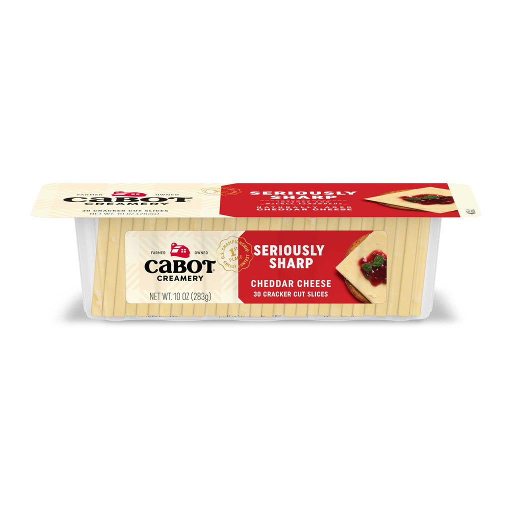 Cabot Creamery Seriously Sharp Cheddar Cheese comes in a 10 oz package with 30 slices. The red and cream label features cheese on a cracker with jam.