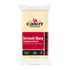 A 2-pound Cabot Creamery Seriously Sharp Cheddar Cheese bar, with a red and black label, white and yellow text, and a plaid design on the right side.