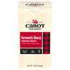 A 3 lb box of Cabot Creamery Seriously Sharp Cheddar Cheese comes in cream-colored packaging with red and black checkered accents and product details on the front.