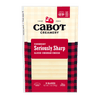 A package of Cabot Creamery Seriously Sharp Cheddar Cheese, with 9 bold cheddar slices, comes in a resealable bag featuring a red and black plaid design on a cream-colored background.