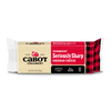 An 8 oz block of Cabot Creamery Seriously Sharp Cheddar Cheese features a yellow and red label with black plaid accents and product details on a white background.