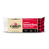 Cabot Creamery’s Seriously Sharp Cheddar Cheese, in an 8 oz bar, comes in red and black plaid packaging with bold white text on the right and the Cabot logo on the left.