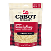 An 8 oz bag of Cabot Creamery Seriously Sharp Cheddar Cheese, classic cut, with a red and cream plaid design and a clear window displaying the shredded cheese inside.