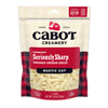 Cabot Creamery Seriously Sharp Cheddar Cheese, rustic cut and shredded for bold flavor, comes in an 8 oz bag with red plaid packaging and a clear window displaying the sharp cheddar inside.