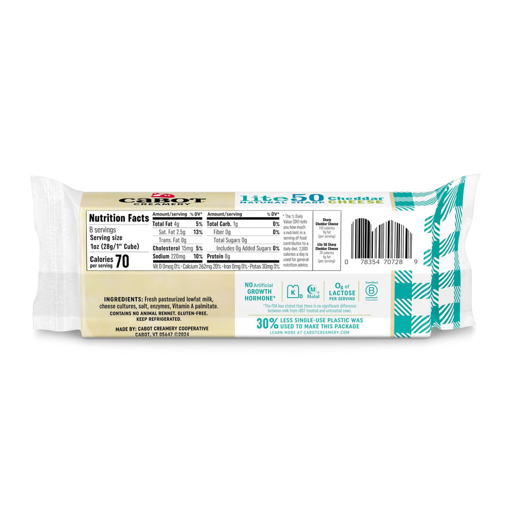 Back of a Cabot Creamery Lite50 Sharp Cheddar Cheese package displaying nutrition facts, ingredients, barcode, notes on reduced lactose and less plastic. The white packaging is accented with blue and beige plaid.