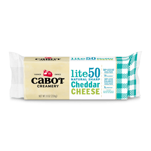 An 8 oz block of Cabot Creamery Lite50 Sharp Cheddar Cheese in white and teal packaging with nutrition highlights and branding—a flavorful, healthier cheese choice.
