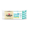 A package of Cabot Creamery Lite50 Sharp Cheddar Cheese, 8 oz, features a white, cream, and teal design with nutrition highlights—a healthy low-fat cheddar perfect for your favorite recipes.