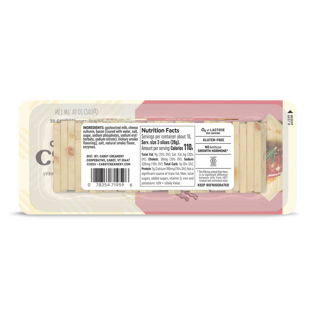 Back of a partially transparent Cabot Creamery Smoky Bacon Cheddar Cheese package showing Cracker Cuts slices, nutrition facts, ingredients, and labels indicating the cheese is lactose & gluten free.
