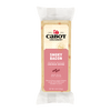 An 8 oz package of Cabot Creamery Smoky Bacon Cheddar Cheese with a beige and pink label, made with real bacon and hickory smoke cheddar flavor.