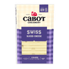 Cabot Creamery Swiss Cheese comes in a 7 oz package with a purple and cream plaid design, features 9 visible sandwich slices, and is labeled farmer-owned and gluten-free.
