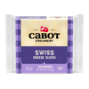 Cabot Creamery Swiss Cheese comes in an 8 oz (226g) package with 10 pre-sliced slices. The purple and white packaging features Gluten-Free and Smooth Finish labels, showcasing the semi-soft texture of this delightful cheese.