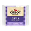 Cabot Creamery Swiss Cheese, 10 slices (8 oz/226g), smooth finish, gluten-free, in beige and purple packaging with the Cabot logo.