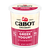 Cabot Creamery Triple Cream Strawberry Greek Yogurt comes in a 2-pound white and pink container with the Cabot farmhouse logo, offering 11g protein per serving and 10% milkfat for a rich, creamy taste.