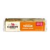 An 8 oz block of Cabot Creamery Tuscan Cheddar Cheese in clear packaging with an orange label—lactose free and ideal for a cheese platter. The package displays the brand and product name in white text.