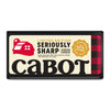A rectangular package of Cabot Creamery Limited Edition Seriously Sharp Cheddar Cheese, featuring a red barn logo, gold award seal, bold black text on cream background, and labels reading “Limited Edition” and “Best of Class.”.