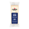 Cabot Creamery Extra Sharp Cheddar Cheese is an 8 oz (227g) block, aged 12 months for bold flavor. This lactose-free cheddar comes wrapped in clear plastic with a blue and white label.