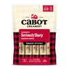 Cabot Creamerys Seriously Sharp Cheddar Cheese snack sticks deliver intense flavor. The cream package showcases a red and black checkered design at the bottom, containing 10 sticks of 0.75 oz each. Its labeled as farmer-owned and protein-rich.