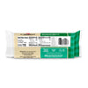 The back of a Cabot Creamery Vermont Sharp Cheddar Cheese package displays nutrition facts, ingredients, a barcode, and labels for gluten-free, non-GMO, and hormone-free. The mostly white and green packaging features the Cabot Creamery brand.