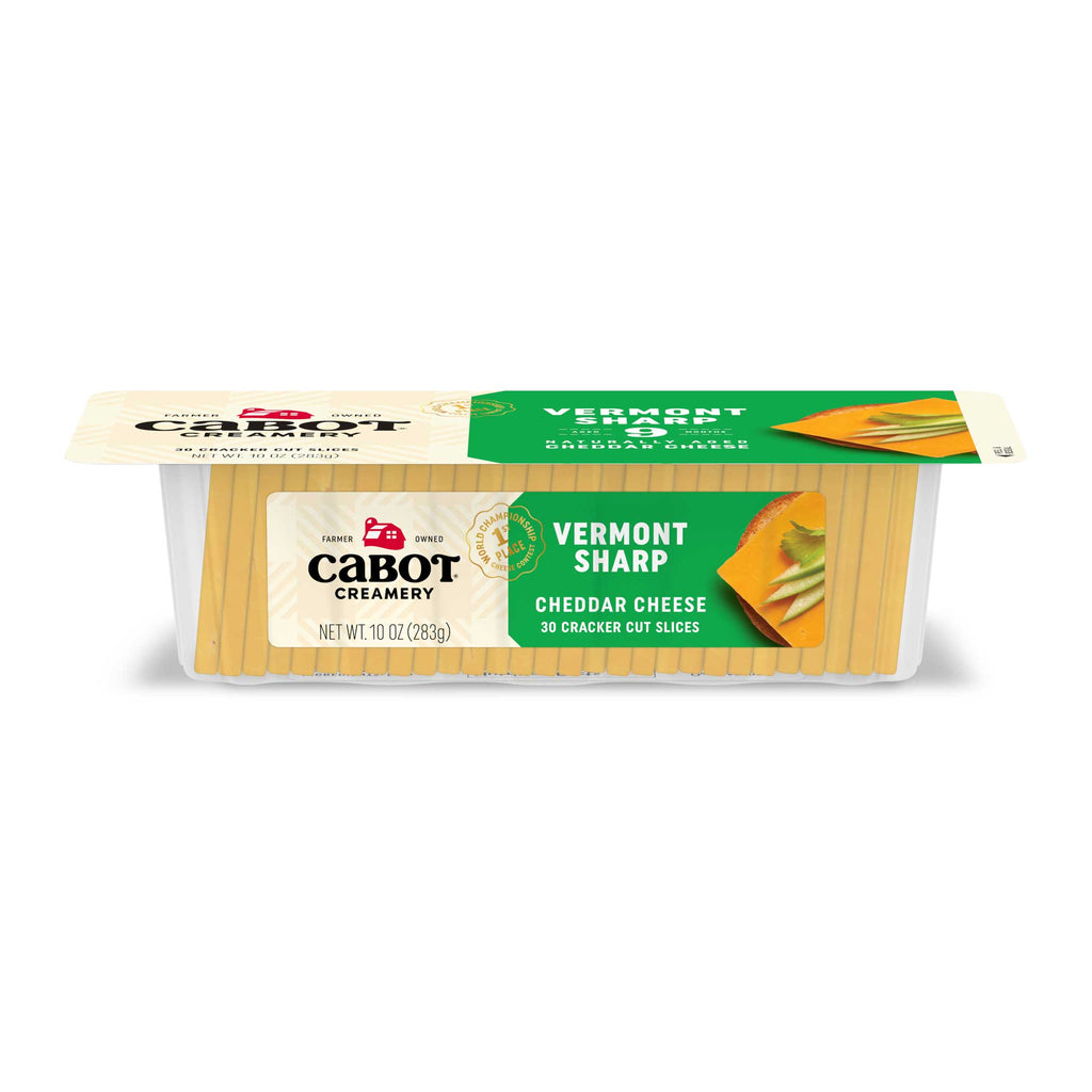 Cabot Creamery Vermont Sharp Cheddar Cheese, 10 oz, comes pre-sliced in green and cream packaging—ideal for fast snacks or pairing with crackers.