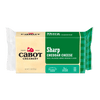 A 2-pound block of Cabot Creamery Vermont Sharp Cheddar Cheese in green and white packaging features the Cabot logo, premium aging, and zero lactose labels.
