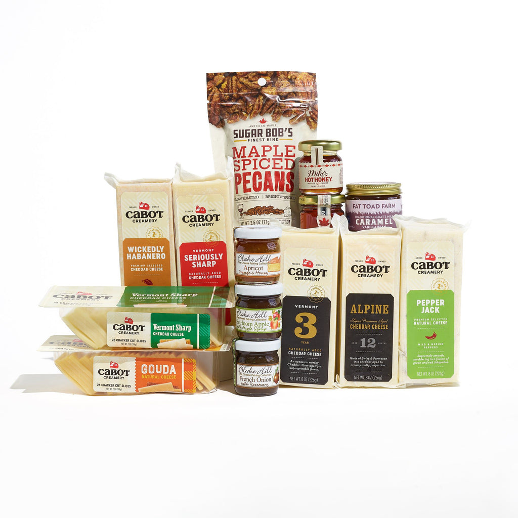 The Cheese Pairing Collection by Cabot Creamery features award-winning cheeses, artisanal honey, maple spiced pecans, and gourmet spreads—perfect for pairing with sharp cheddar, habanero, gouda, caramel, and more.