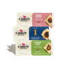 Three Cabot Creamery Cracker Cut Collection packs, stacked diagonally, showcase cheddar cheese, smoky bacon, and pepper jack varieties. Each pack features appetizing images of cheese slices adorned with delicious toppings.